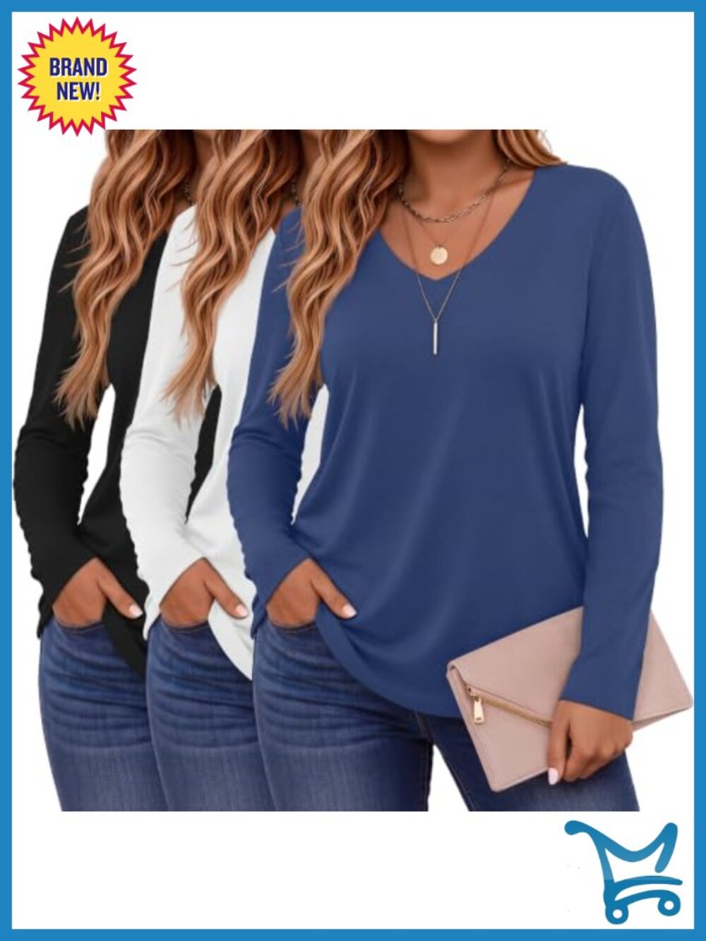 Plus Size V Neck Long Sleeve T-Shirts 3 Pack Loose Fit Tunic Tops